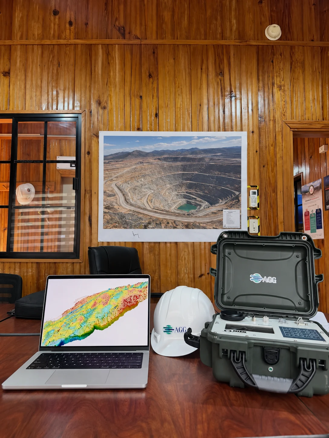 AGG advanced geophysical instrumentation beside a laptop displaying a 3D subsurface model